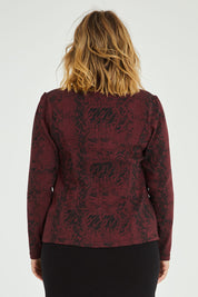 Model Jess wearing size 14 of The Jacquard Ponti Jacket in colour Burgundy (Red), from the back