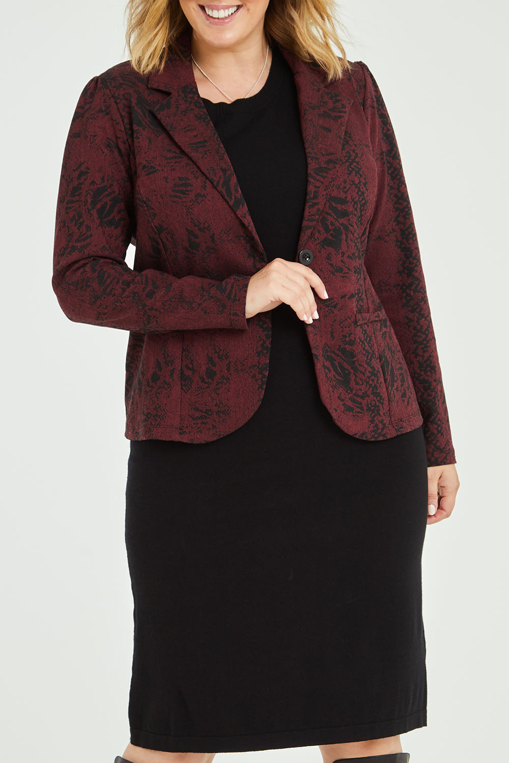 Model Jess wearing size 14 of The Jacquard Ponti Jacket in colour Burgundy (Red), from the front, cropped image