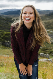 Model Tahlia wearing size 10 of The Jacquard Ponti Jacket in colour Burgundy (Red), from the front, showing the whole outfit