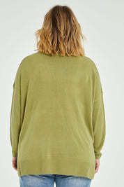 Model Jess wearing size L of The Essential Soft High Low Jumper in colour Avocado (Green), from the back