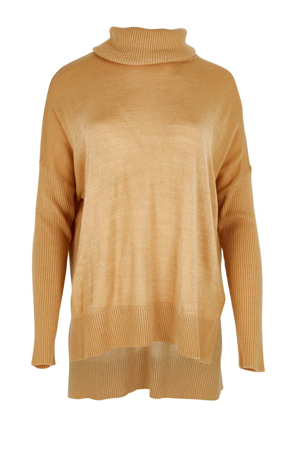 Product shot of The Essential Soft High Low Jumper in colour Biscuit, from the front