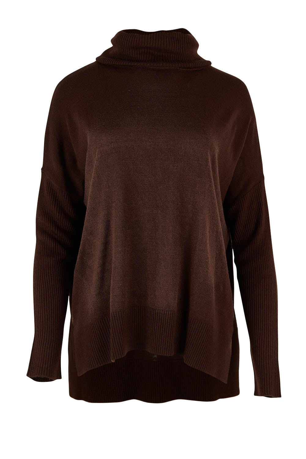 Product shot of The Essential Soft High Low Jumper in colour Chocolate, from the front