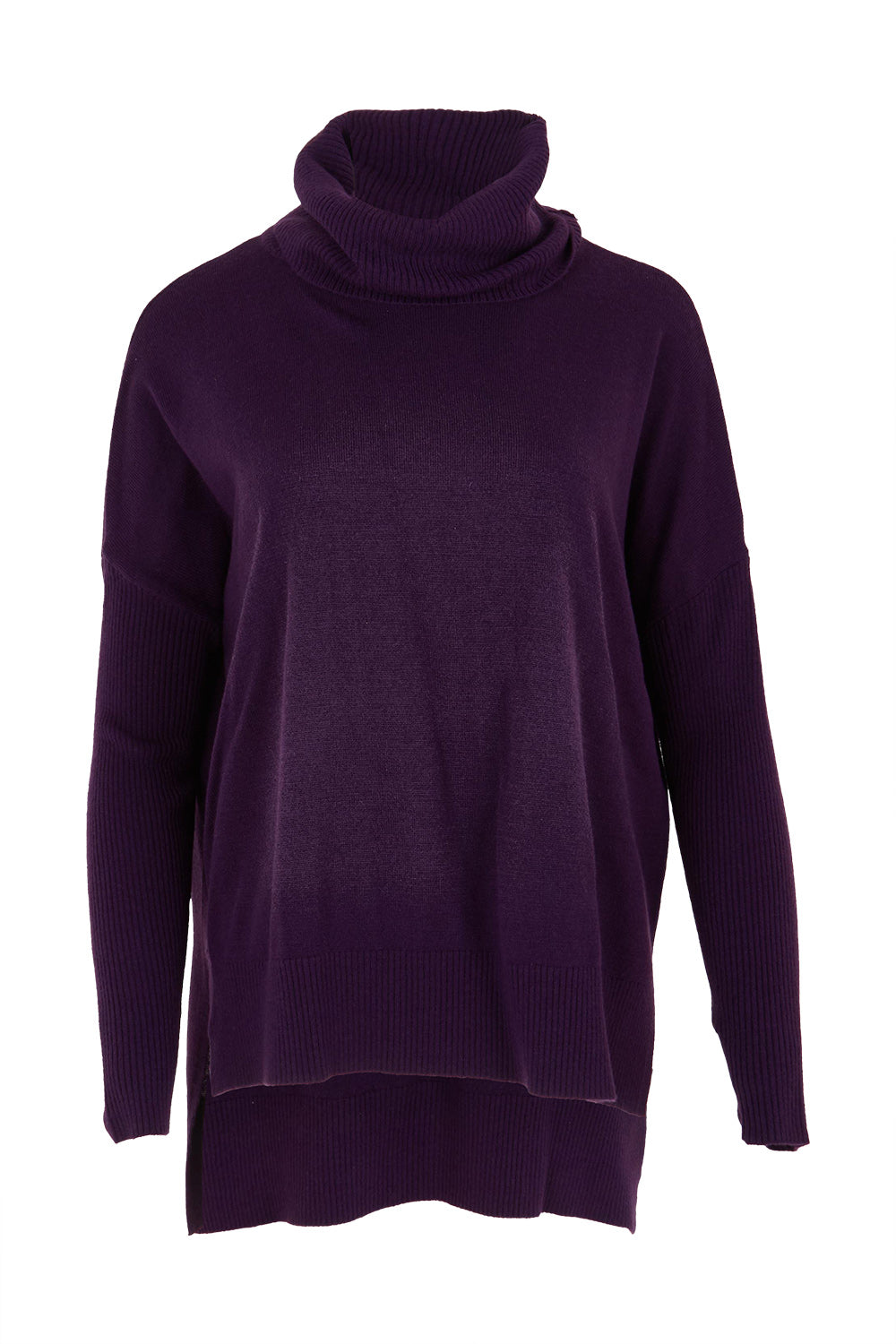 Product shot of The Essential Soft High Low Jumper in colour Grape (Purple), from the front