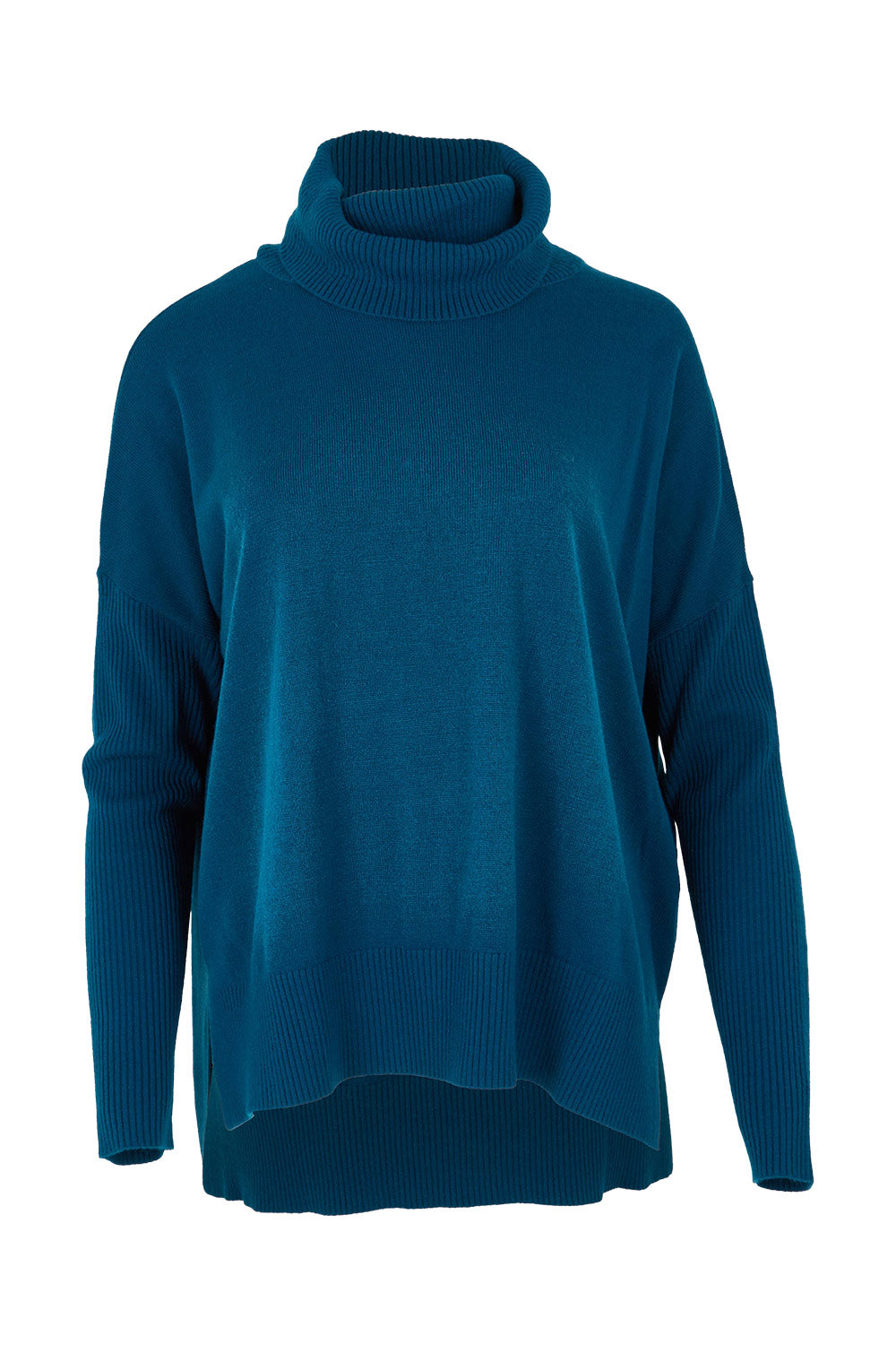 Product shot of The Essential Soft High Low Jumper in colour Petrol (Blue), from the front