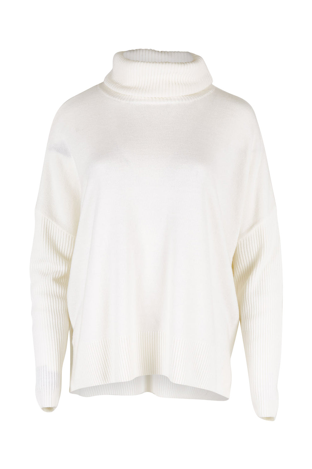 Product shot of The Essential Soft High Low Jumper in colour Snow (White), from the front
