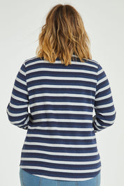 Model Jess wearing size 14 of The Multi Coloured Striped Tee in colour Denim (Blue), from the back