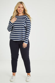 Model Katie wearing size 16 of The Multi Coloured Striped Tee in colour Denim (Blue), from the front, showing the whole outfit