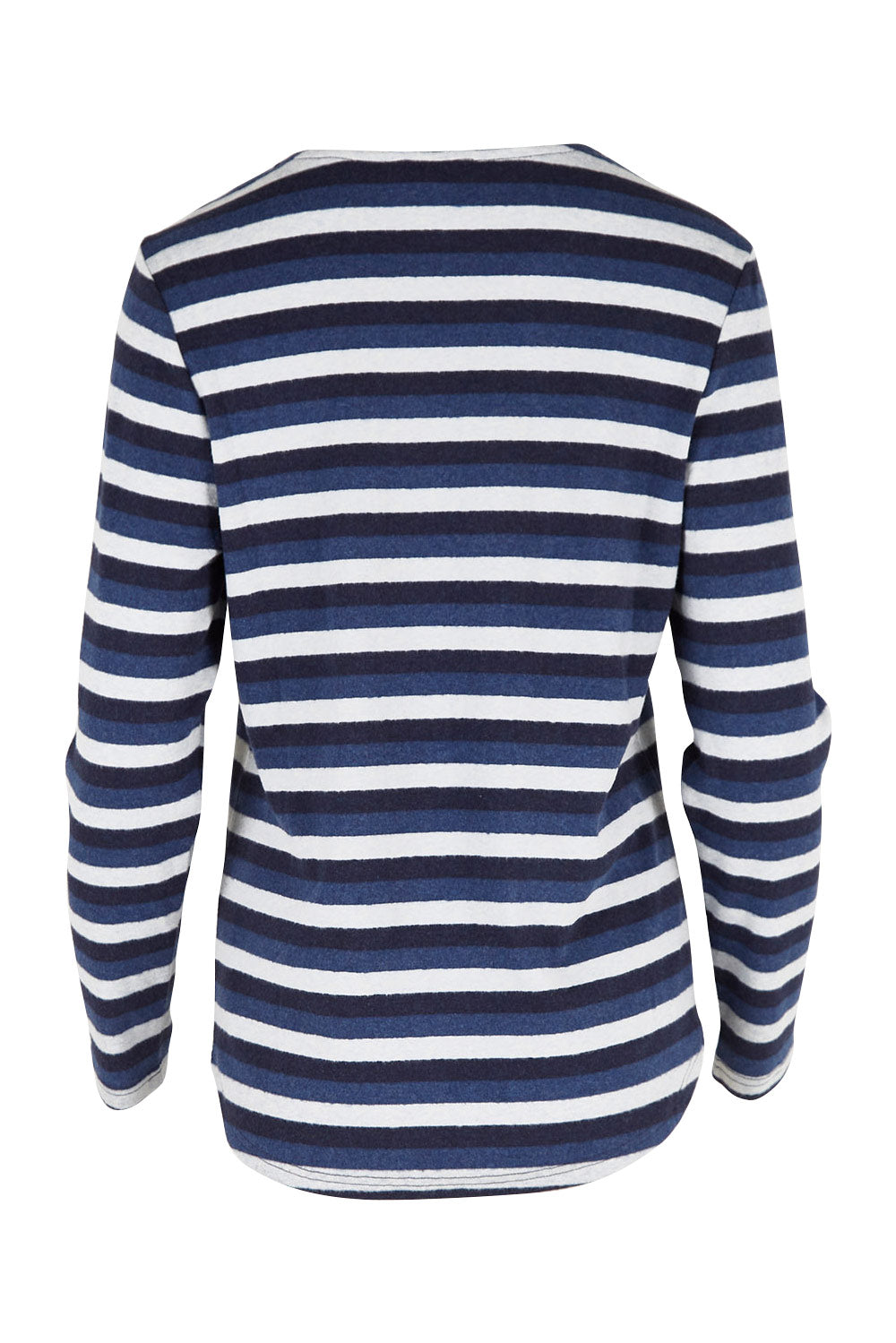 Product shot of The Multi Coloured Striped Tee in colour Denim (Blue), from the back