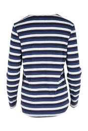 Product shot of The Multi Coloured Striped Tee in colour Denim (Blue), from the back