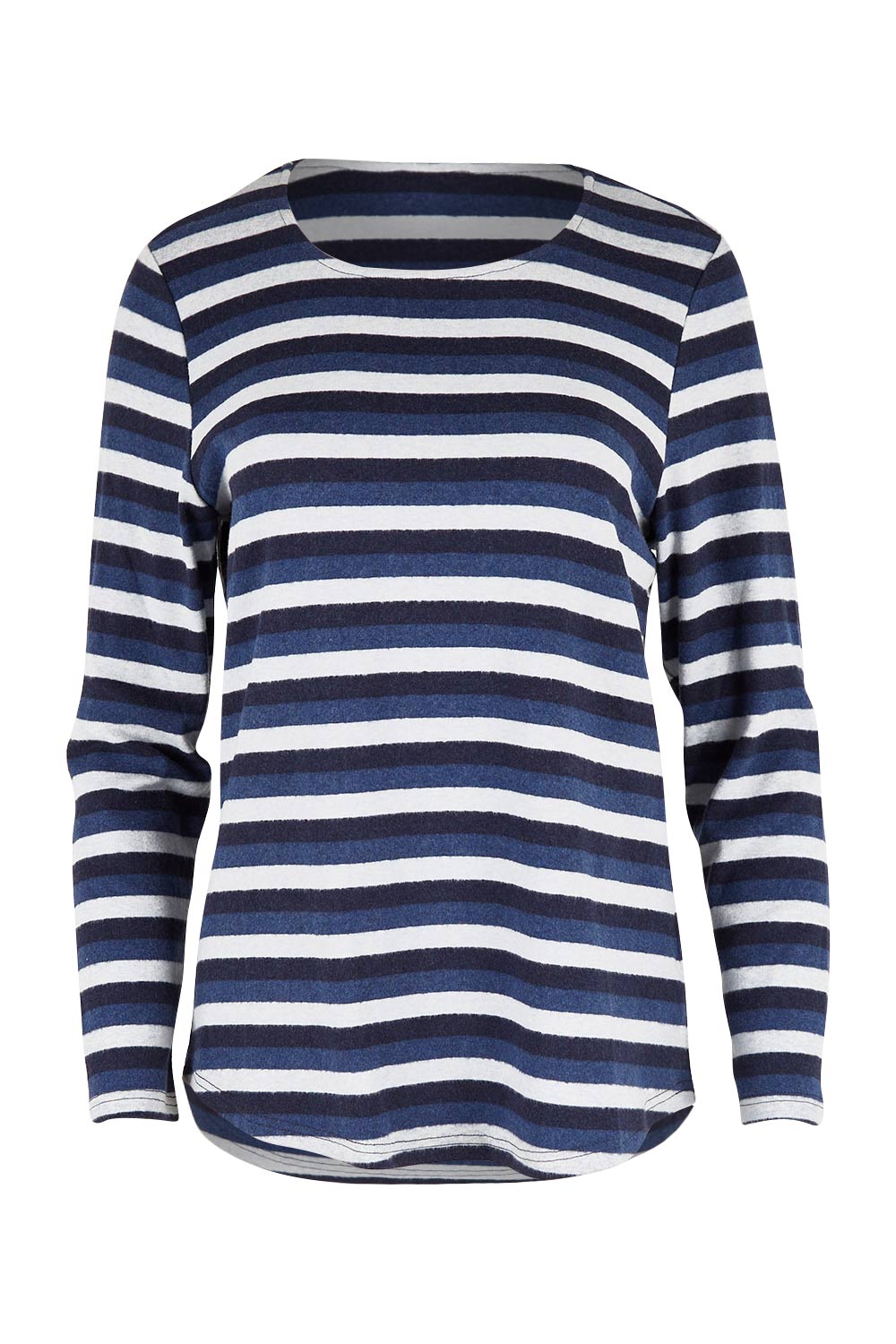 Product shot of The Multi Coloured Striped Tee in colour Denim (Blue), from the front