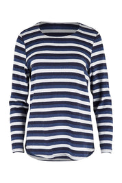 Product shot of The Multi Coloured Striped Tee in colour Denim (Blue), from the front