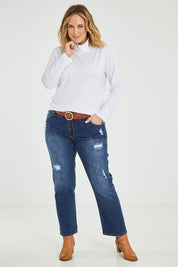 Model Jess wearing size 14 of The Keepers Skivvy in colour White (White), from the front, showing the whole outfit