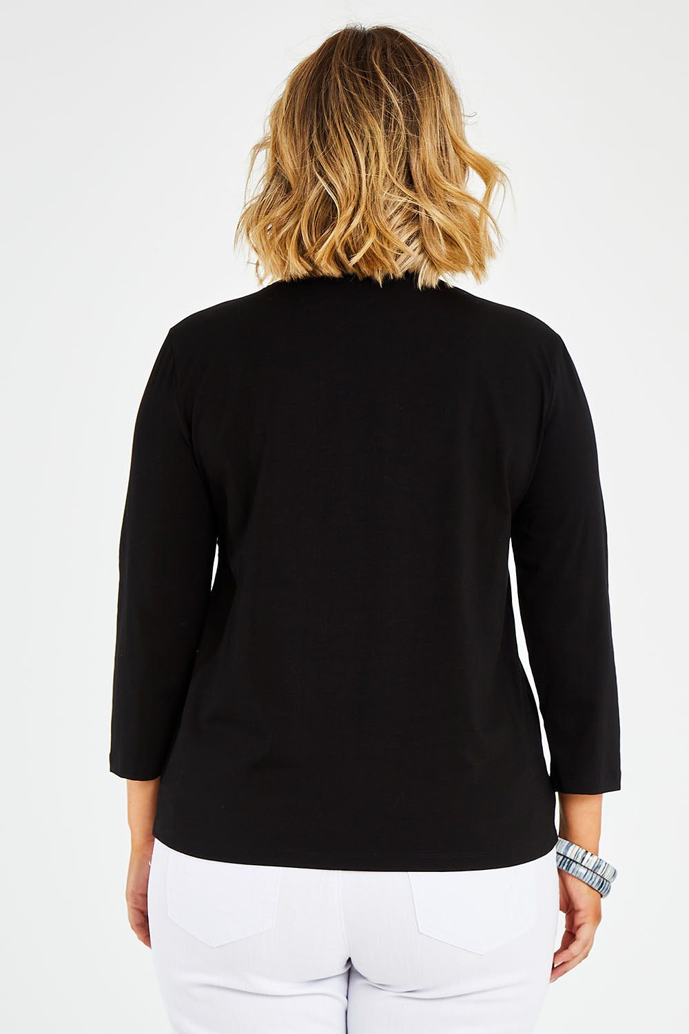 Model Jess wearing size 14 of The Keepers 3/4 Sleeve Tee in colour Black (Black), from the back