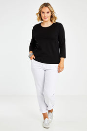 Model Jess wearing size 14 of The Keepers 3/4 Sleeve Tee in colour Black (Black), from the front, showing the whole outfit