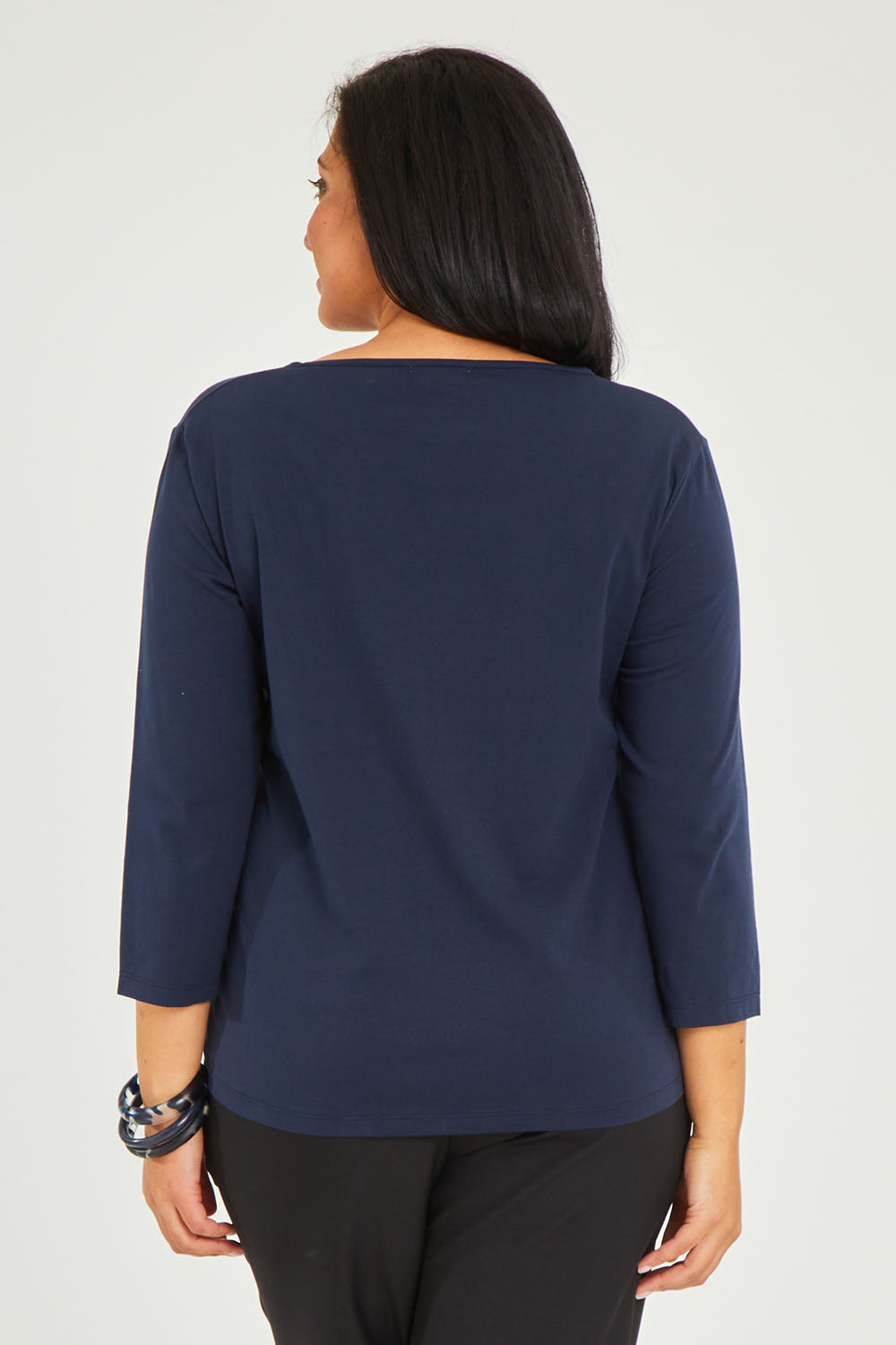 Model Terri-Leigh wearing size 14 of The Keepers 3/4 Sleeve Tee in colour Darknavy (Blue), from the back
