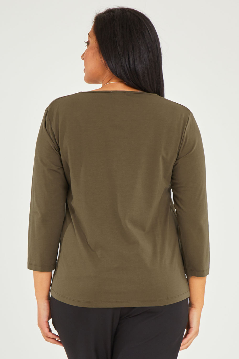 Model Terri-Leigh wearing size 14 of The Keepers 3/4 Sleeve Tee in colour Khaki (Green), from the back