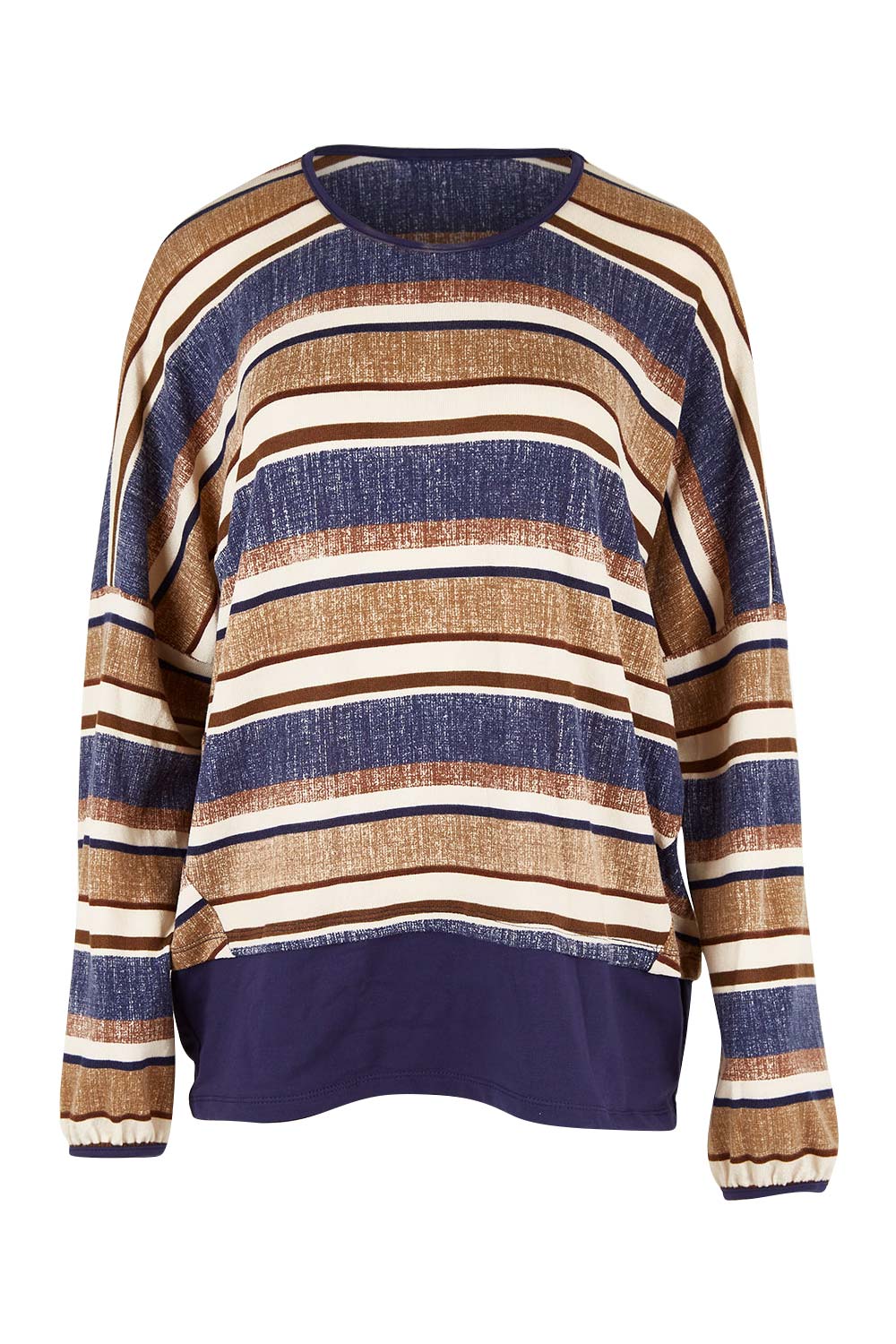 Product shot of The Striped Knit Top in colour Multistrip (Blue), from the front
