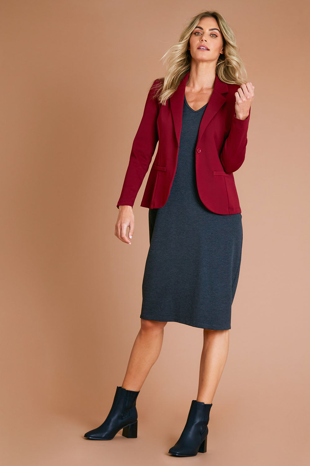 Model Alice wearing size 10 of The Ponte Everyday Dress in colour Darkmarle (Grey), from the front, showing the whole outfit