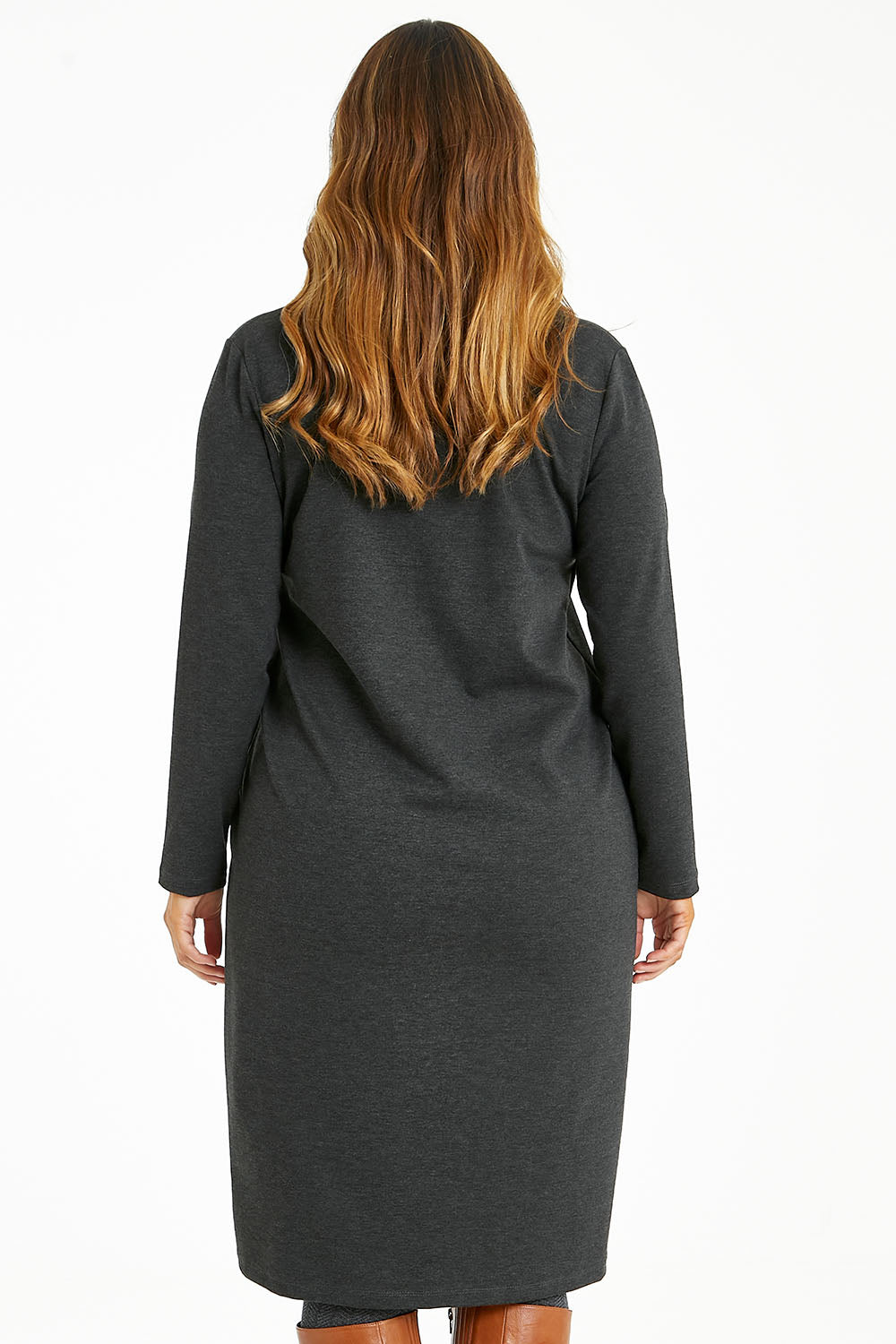 Model Laura wearing size 14 of The Ponte Everyday Dress in colour Darkmarle (Grey), from the back