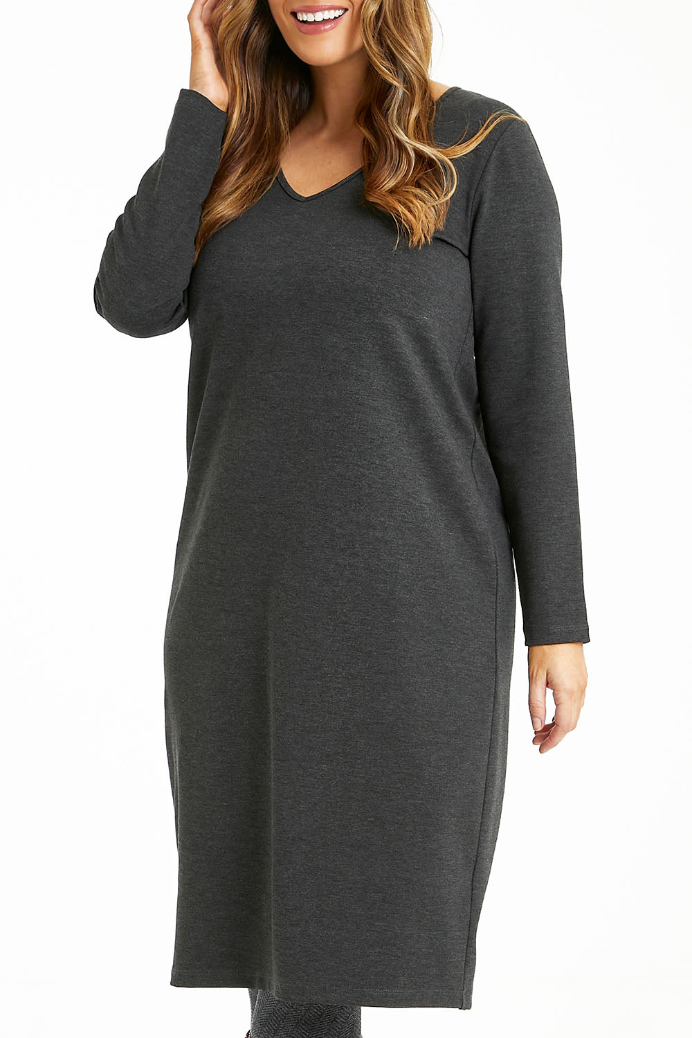 Model Laura wearing size 14 of The Ponte Everyday Dress in colour Darkmarle (Grey), from the front, cropped image