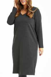 Model Laura wearing size 14 of The Ponte Everyday Dress in colour Darkmarle (Grey), from the front, cropped image