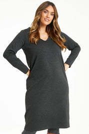 Model Laura wearing size 14 of The Ponte Everyday Dress in colour Darkmarle (Grey), from the front, cropped image
