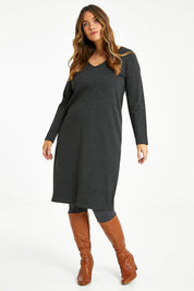 Model Laura wearing size 14 of The Ponte Everyday Dress in colour Darkmarle (Grey), from the front, showing the whole outfit