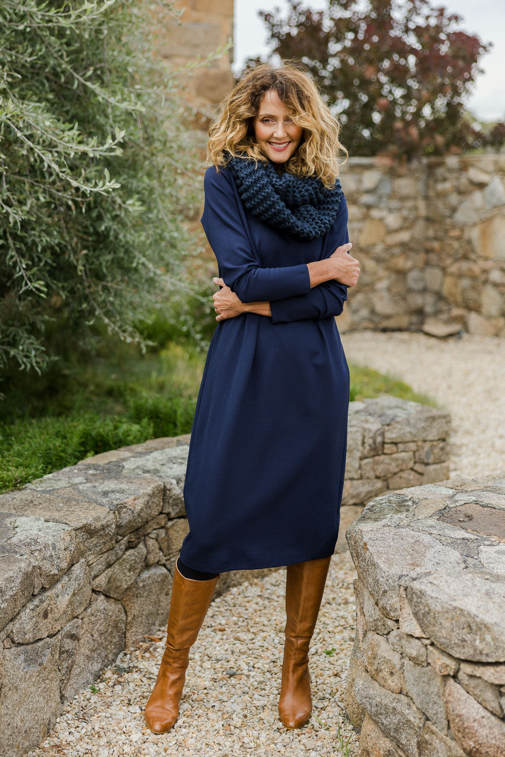 Model Emma wearing size 10 of The Ponte Everyday Dress in colour Deepnavy (Blue), from the front, showing the whole outfit