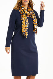 Model Laura wearing size 14 of The Ponte Everyday Dress in colour Deepnavy (Blue), from the front, cropped image