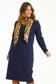 Model Laura wearing size 14 of The Ponte Everyday Dress in colour Deepnavy (Blue), from the front, cropped image