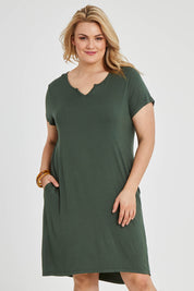 Model Keeara wearing size 16 of The V Split Midi Tee Dress in colour Khaki (Green), from the front, cropped image
