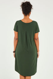 Model Noli wearing size 14 of The V Split Midi Tee Dress in colour Khaki (Green), from the back