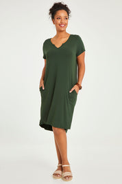 Model Noli wearing size 14 of The V Split Midi Tee Dress in colour Khaki (Green), from the front, showing the whole outfit