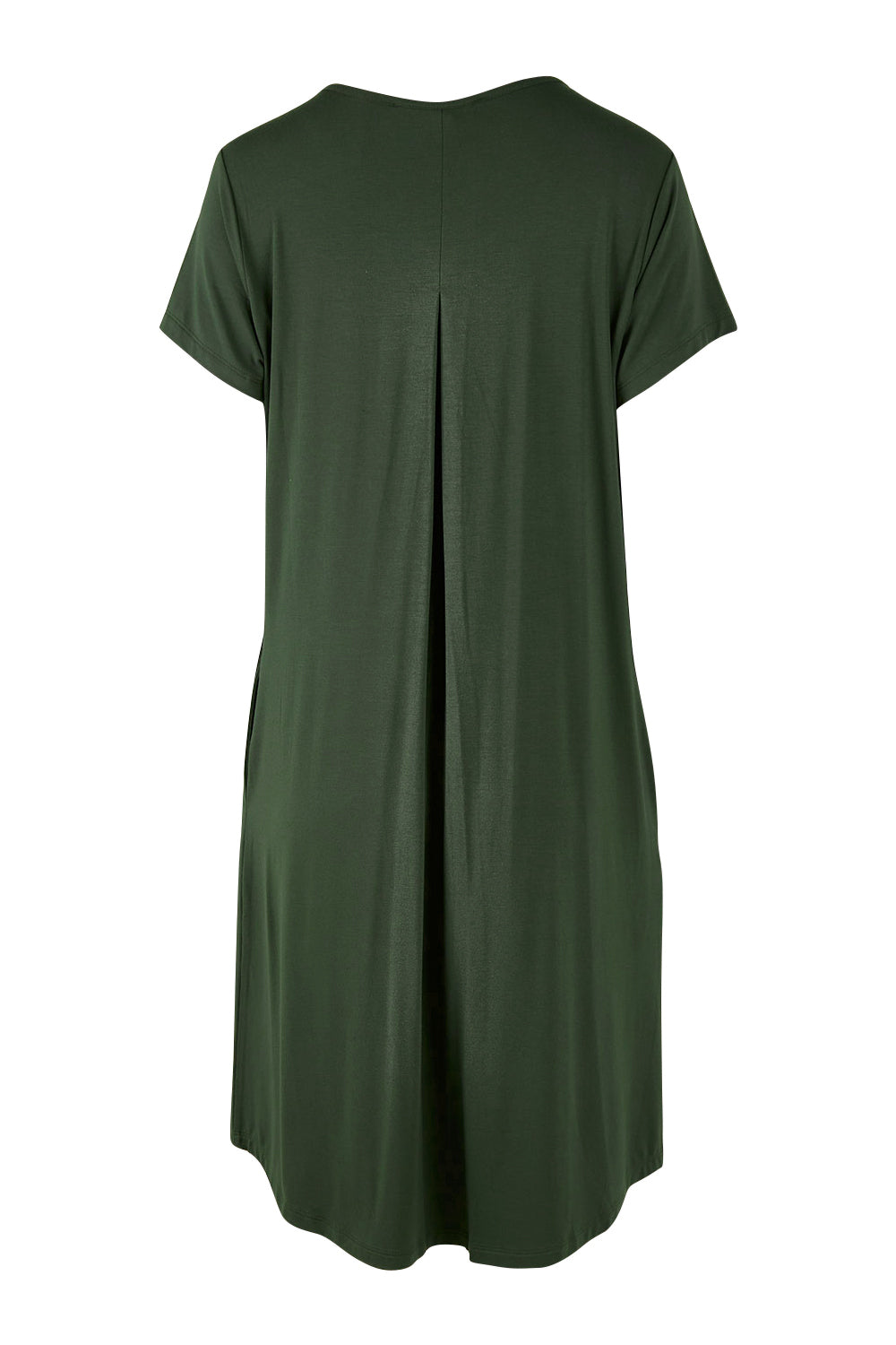 Product shot of The V Split Midi Tee Dress in colour Khaki (Green), from the back