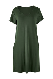 Product shot of The V Split Midi Tee Dress in colour Khaki (Green), from the front