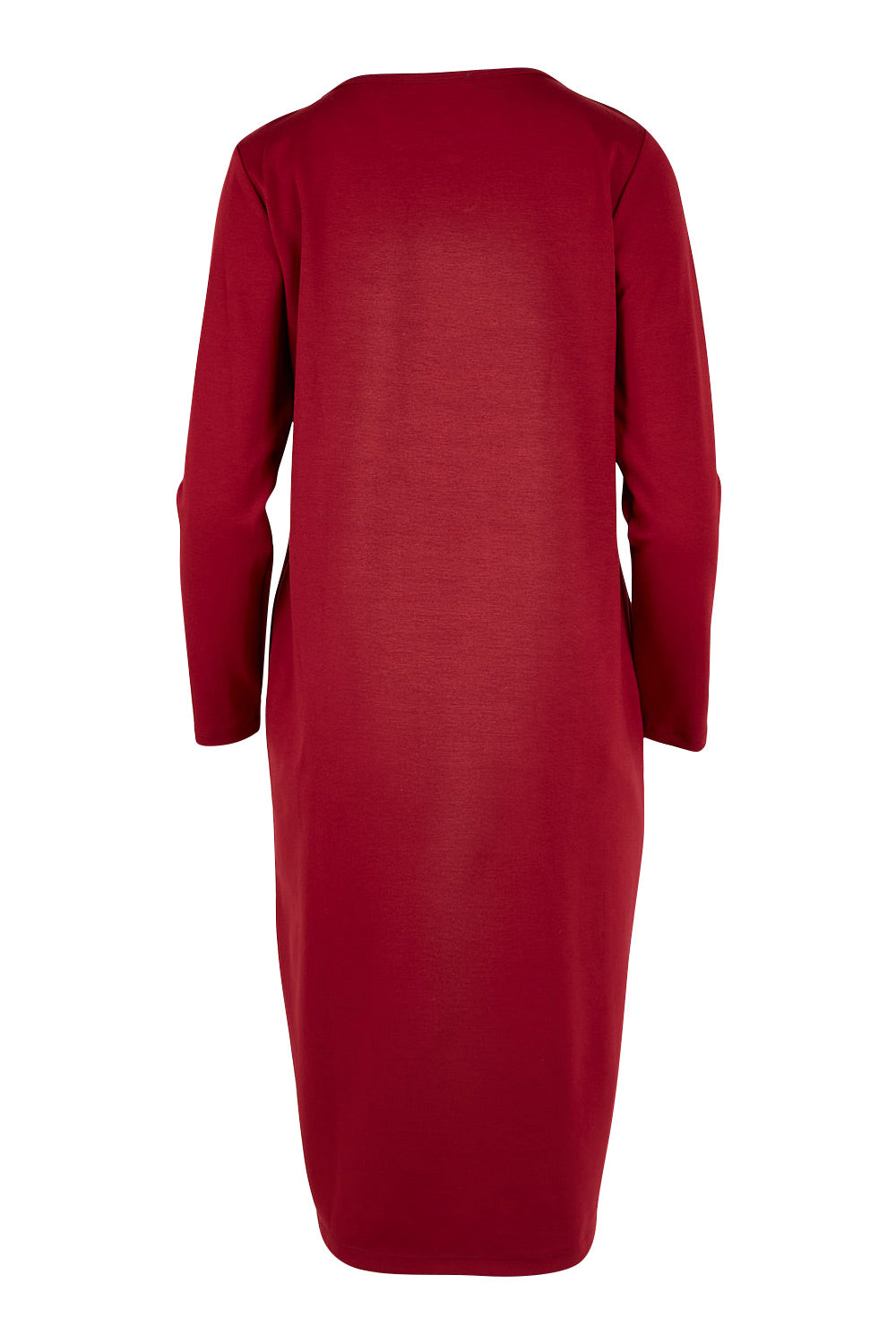Product shot of The Dropped Shoulder Ponte Dress in colour Pomegranat (Red), from the back