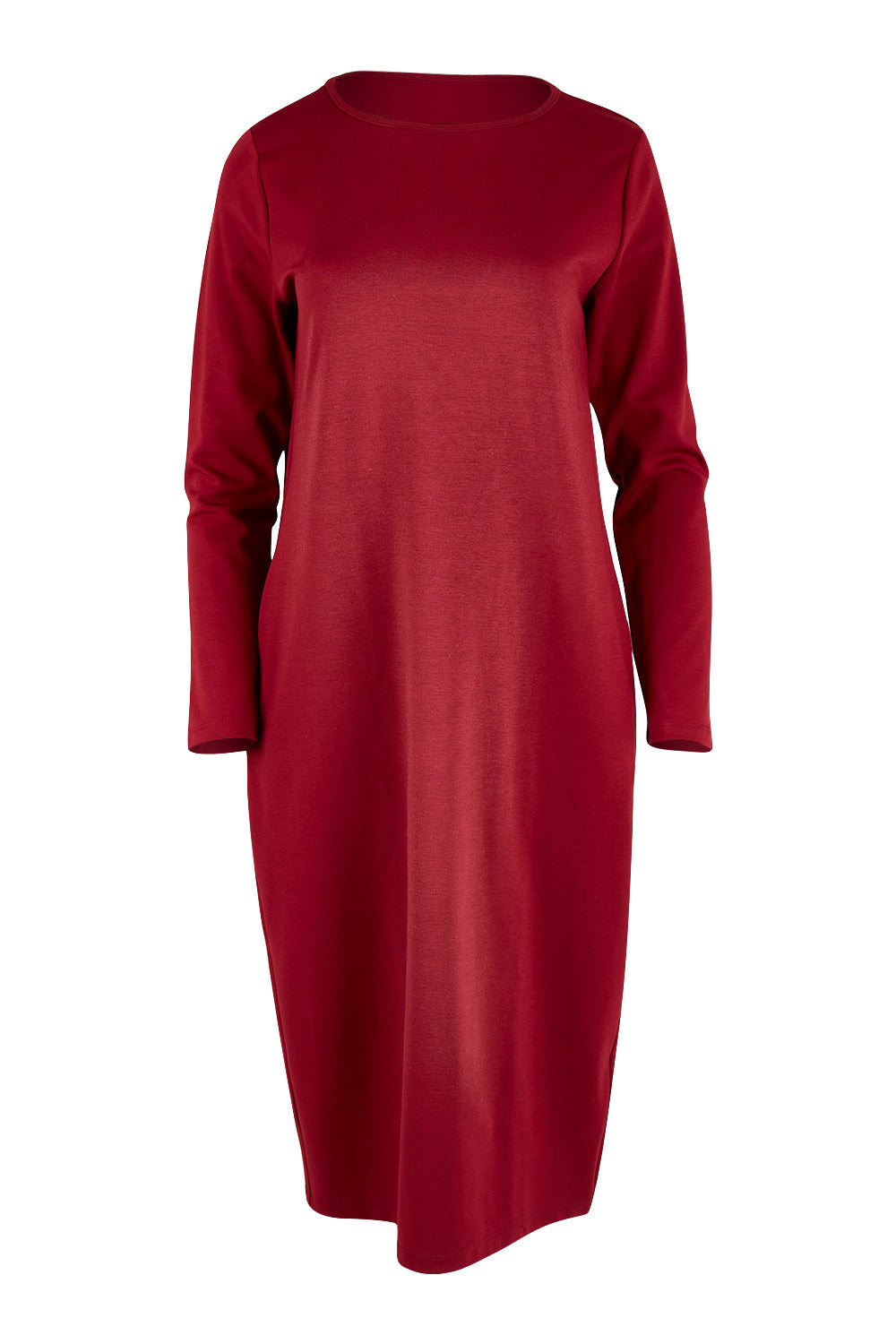 Product shot of The Dropped Shoulder Ponte Dress in colour Pomegranat (Red), from the front