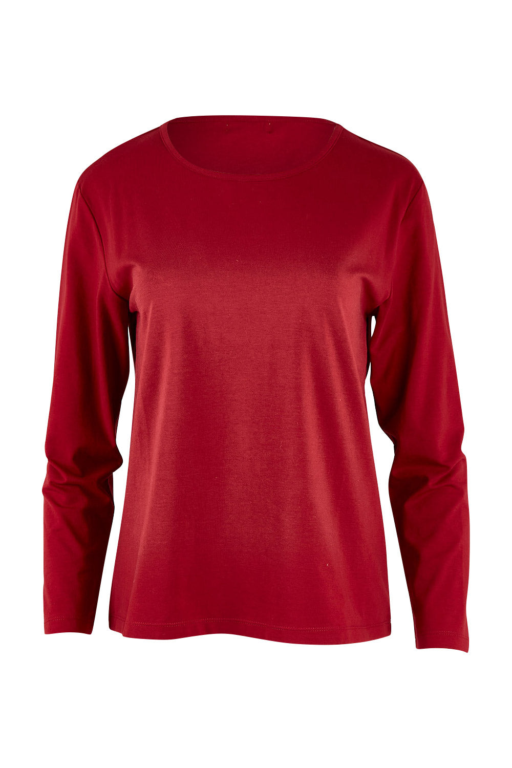 Product shot of The Keepers Long Sleeve Tee in colour Shiraz (Red), from the front