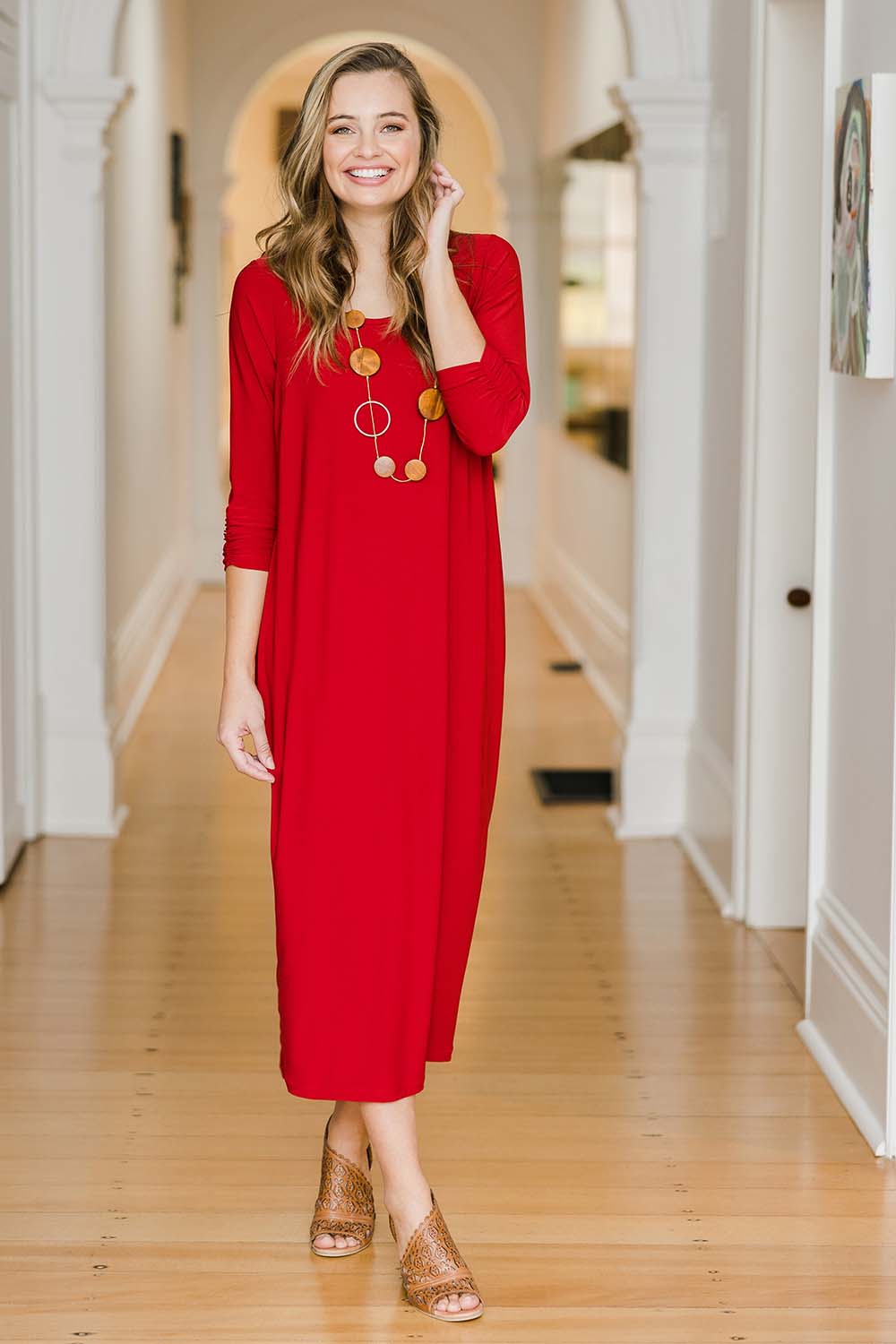 Model Tahlia wearing size 10 of The Recycled Rouched 3/4 Sleeve Dress in colour Cherryred (Red), from the front, showing the whole outfit