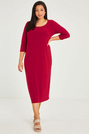 Model Terri-Leigh wearing size 14 of The Recycled Rouched 3/4 Sleeve Dress in colour Cherryred (Red), from the front, showing the whole outfit