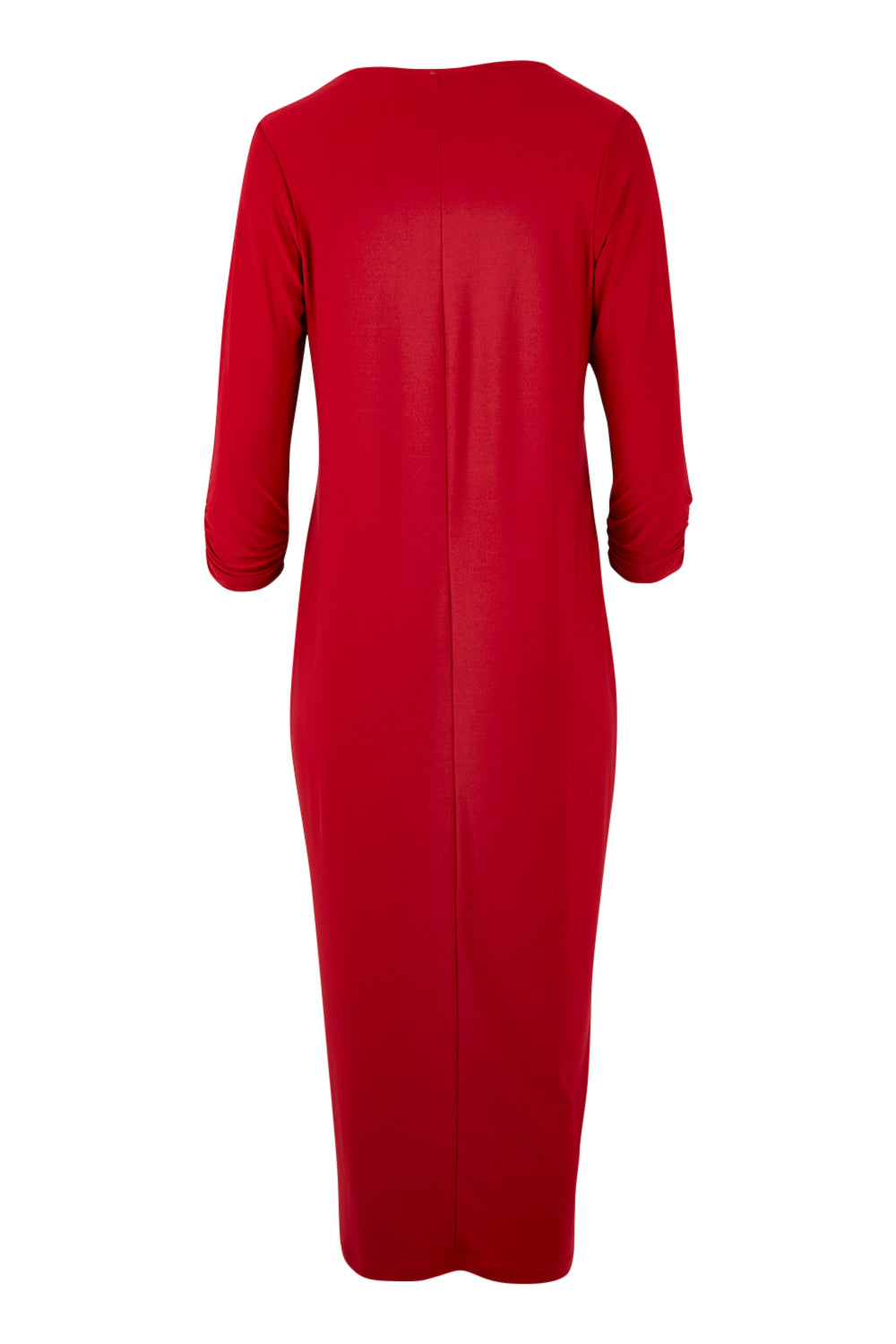 Product shot of The Recycled Rouched 3/4 Sleeve Dress in colour Cherryred (Red), from the back