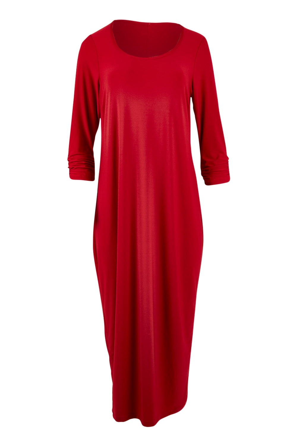 Product shot of The Recycled Rouched 3/4 Sleeve Dress in colour Cherryred (Red), from the front