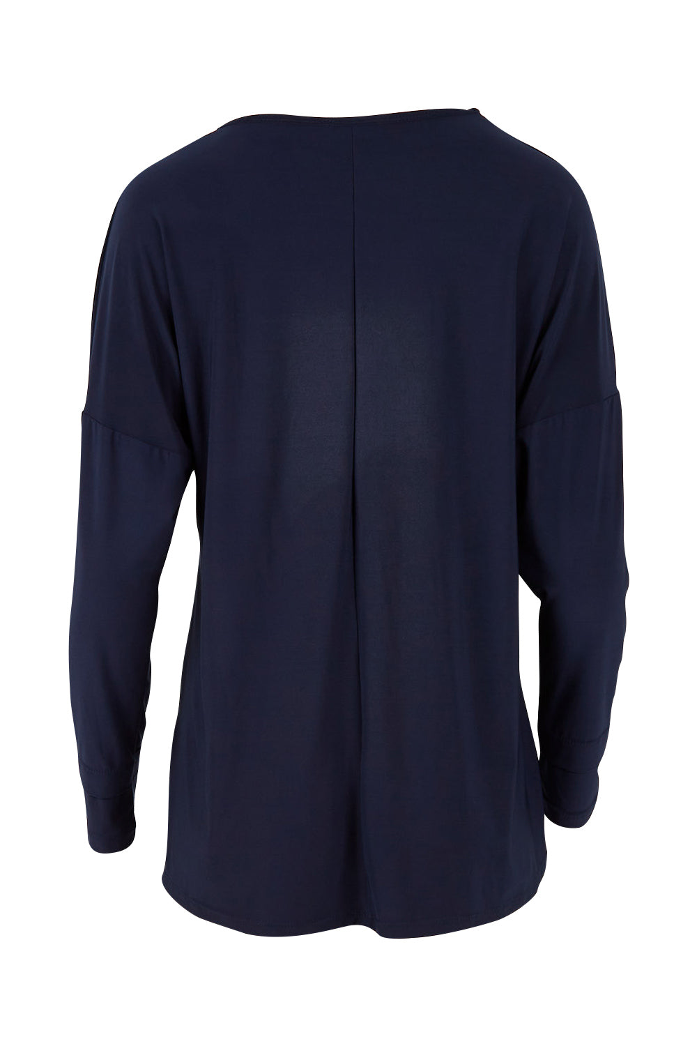 Product shot of The Recycled V Neck Double Cuff Top in colour Navy (Blue), from the back