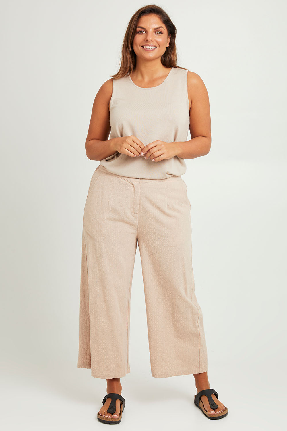 Model Monique wearing size 14 of The Striped Pull On Cullotte in colour Nougat, from the front, showing the whole outfit