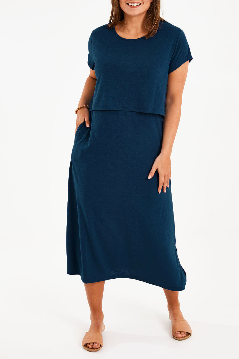 Model Monique wearing size 14 of The Layered Tee Dress in colour Blueocean (Blue), from the front, cropped image