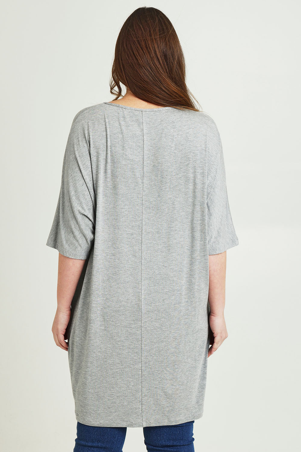 Model Jane wearing size 14 of The Everyday Tee Dress in colour Lightgrey (Grey), from the back