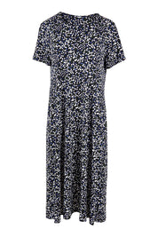 Product shot of The Print Back Pleat Tee Dress in colour Multispot (Blue), from the front