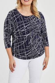 Model Keeara wearing size 16 of The Ruched 3/4 Sleeve Tee in colour Navywhite (Blue), from the front, cropped image