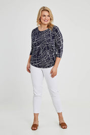 Model Keeara wearing size 16 of The Ruched 3/4 Sleeve Tee in colour Navywhite (Blue), from the front, showing the whole outfit