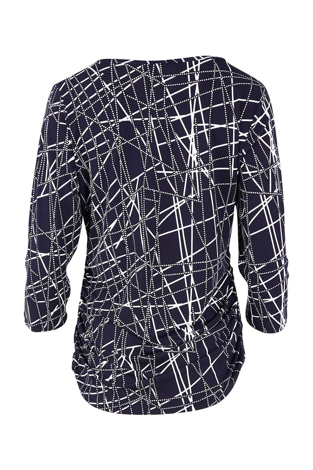 Product shot of The Ruched 3/4 Sleeve Tee in colour Navywhite (Blue), from the back